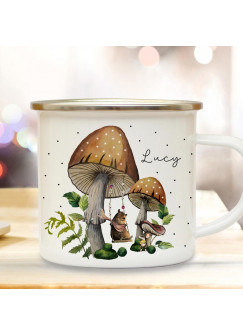 Emaille Becher Camping Tasse Herbstzeit Pilze Bär auf Schaukel Wunschname Name Kaffeetasse Geschenk Herbst eb716