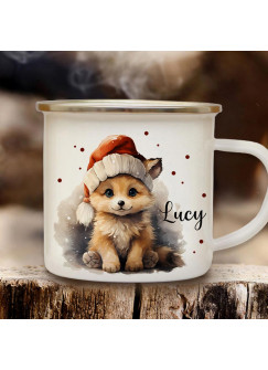 Emaille Becher Camping Tasse Winter Winterzeit Fuchs mit Mütze Wunschname Name Kaffeetasse Geschenk Weihnachten eb717