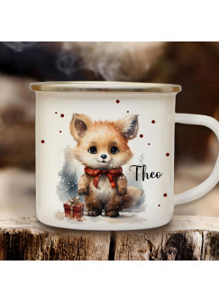 Emaille Becher Camping Tasse Winter Winterzeit Fuchs mit Schleife Wunschname Name Kaffeetasse Geschenk Weihnachten eb718