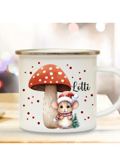 Emaille Becher Camping Tasse Winter Winterzeit Mäuschen Fliegenpilz Pilz Wunschname Name Kaffeetasse Nikolaus Geschenk Weihnachten eb719