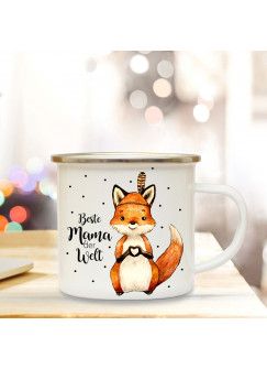 Emaille Becher Camping Tasse mit Fuchs & Spruch beste Mama der Welt Kaffeetasse Geschenk Kaffeebecher eb73