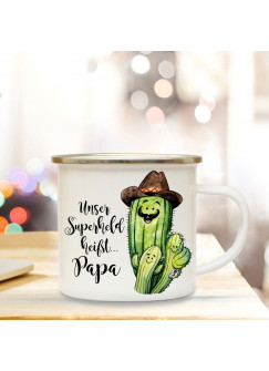 Emaille Becher Camping Tasse mit Kaktus Kakteen & Spruch Papa unser Superheld Kaffeetasse Geschenk Kaffeebecher eb75