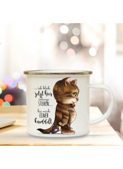 Emaille Becher Camping Tasse mit Katze & Spruch Kätzchen Kaffeetasse Geschenk Kaffeebecher eb79