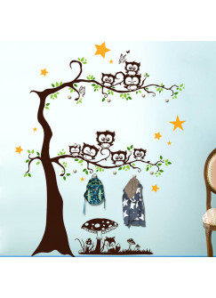 Wandtattoo (Garderobe) Eulen auf Baum mit Blätter Sternen Fuchs und Fliegenpilz vierfarbig M1645