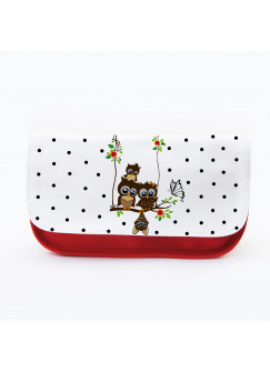 Federtasche Kosmetiktasche Eule auf Schaukel mit Punkten f070 Pencil case cosmetic bag Owl on swing with butterfly f070