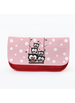 Federtasche Kosmetiktasche Eulen auf Schaukel mit Punkten und Schmetterlingen f079 Pencil case cosmetic bag owls on swing with dots and butterflies f079