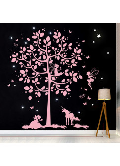 Wandtattoo Baum mit Feen Einhorn und floureszierende Sterne M2016