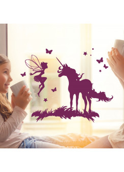 Fensterbild Fensterdeko Wandtattoo Einhorn mit Fee Elfe und Schmetterlingen M2097