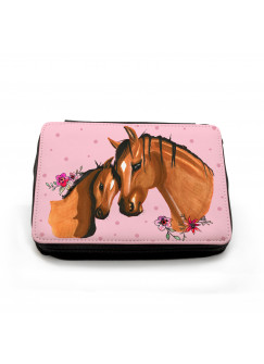 Gefüllte Federtasche Pferd mit Fohlen Punkten und Blumen fm044 Filled pencil case horse with foal dots and flowers fm044