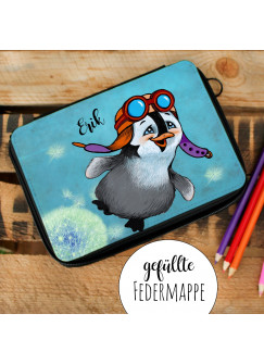 Gefüllte Federtasche Schulstart Federmappe individuelles Federmäppchen Pinguin Pilot und Name Wunschname fm142