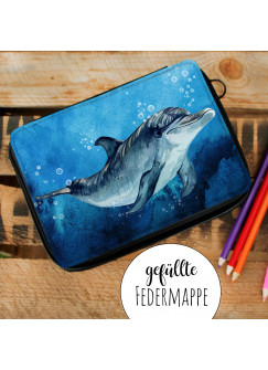 Gefüllte Federtasche mit Delfin Schulstart Federmappe individuelles Federmäppchen Delphin mit Namen Wunschnamen fm180