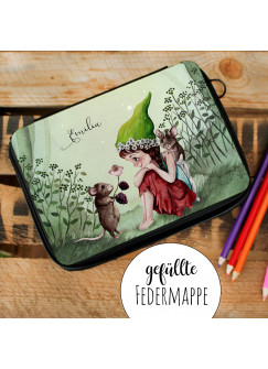 Gefüllte Federtasche Elfe Fee mit Maus im Wald Schulstart Federmappe individuelles Federmäppchen & Namen Wunschnamen fm193