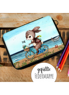 Gefüllte Federtasche Hase auf Fahrrad am Meer Schulstart Federmappe individuelles Federmäppchen & Wunschnamen fm228