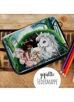 Waschtasche Kosmetiktasche Tasche Federtasche Federmappe Einhorn mit Elfe Fee Wunschname Geschenk Bundle57 wt250 fm255