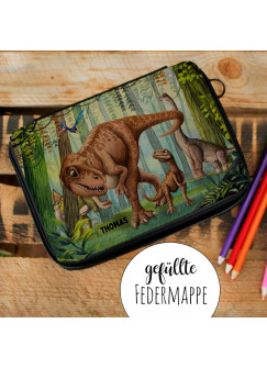 Waschtasche Kosmetiktasche Tasche Federtasche Federmappe Dinosaurier Dinos T-Rex im Dschungel Wunschname Geschenk Bundle64 wt253 fm258