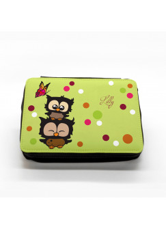 Hauptbild gefüllte Federtasche Eulen mit Punkten und Schmetterling filled pencil case owls with dots and butterfly