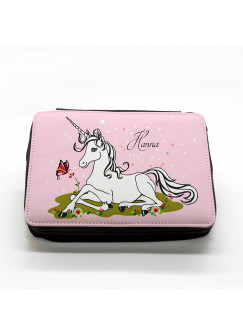 Hauptbild gefüllte Federtasche Einhorn auf Wiese mit Schmetterling filled pencil case unicorn on meadow with butterflies