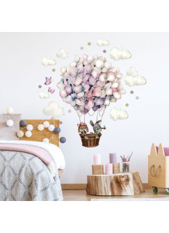 Wandtattoo Kinderzimmerdeko Heißluftballon Hortensie Blüten Ballon Häschen mit Wolken Schmetterlinge Deko Dekoration für Kinderzimmer fw16