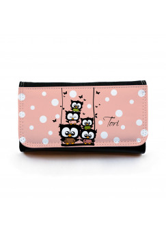 Portemonnaie große Geldbörse Brieftasche Eulchen auf Schaukel mit Punkten und Wunschnamen gbg024 Wallet big purse billfold little owls on swing with dots and desirable name gbg024