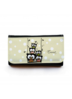 Portemonnaie große Geldbörse Brieftasche Eulchen auf Schaukel mit Punkten und Wunschnamen gbg025 Wallet big purse billfold little owls on swing with dots and desirable name gbg025