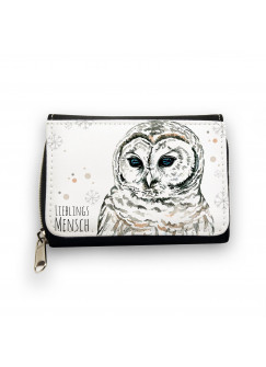 Hauptbild Portemonnaie Geldbörse Schneeeule mit Punkten Schneeflocken und Spruch Lieblingsmensch wallet purse snow owl with dots snowflakes and saying favourite person gk059