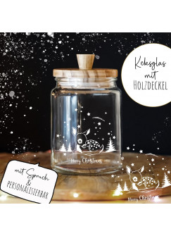 Keksglas Keksdose Vorratsglas mit lustigen Spruch und Holzdeckel Geschenk personalisierbar Reh Merry Christmas Weihnachten glkh06