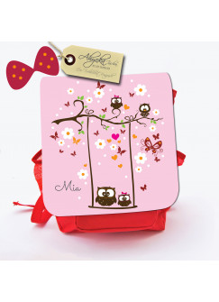 Hauptbild Rucksack Kinderrucksack Kindergartentasche Kindertasche Tasche Eulen auf Schaukel mit Blüten Schmetterlingen und Wunschnamen kids backpack kindergarden bag child bag owls on swing with blossoms butterflies and desired name kgn012