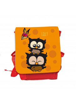 Kinderrucksack Eulchen mit Schmetterling Punkten und Wunschnamen in orange kgn028