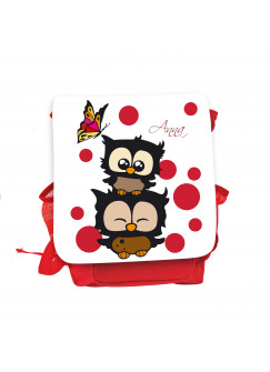 Hauptbild Rucksack Kinderrucksack Kindergartentasche Kindertasche Tasche Eulchen mit Schmetterling roten Punkten und Wunschnamen in weiß kids backpack kindergarden bag child bag owls with butterfly red dots and desired name in white kgn030