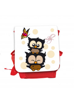 Hauptbild Rucksack Kinderrucksack Kindergartentasche Kindertasche Tasche Eulchen mit Schmetterling beigen Punkten und Wunschnamen in weiß kids backpack kindergarden bag child bag owls with butterfly beige dots and desired name in white kgn031