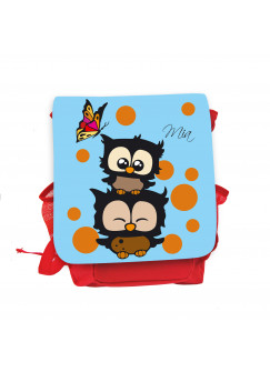 Hauptbild Rucksack Kinderrucksack Kindergartentasche Kindertasche Tasche Eulchen mit Schmetterling braunen Punkten und Wunschnamen in blau kids backpack kindergarden bag child bag owls with butterfly brown dots and desired name in blue kgn033