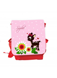 Hauptbild Rucksack Kinderrucksack Kindergartentasche Kindertasche Tasche Reh Rehkitz mit Blumen Punkten Schmetterlingen und Wunschnamen in rosa kids backpack kindergarden bag child bag deer fawn with flowers dots butterflies and desired name in rose kgn03