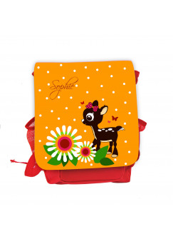 Hauptbild Rucksack Kinderrucksack Kindergartentasche Kindertasche Tasche Reh Rehkitz mit Blumen Punkten Schmetterlingen und Wunschnamen in orange kids backpack kindergarden bag child bag deer fawn with flowers dots butterflies and desired name in orange k