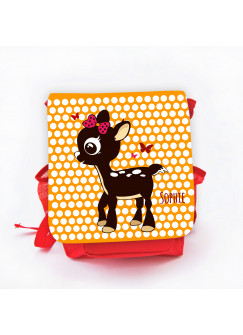 Hauptbild Rucksack Kinderrucksack Kindergartentasche Kindertasche Tasche Reh Rehkitz mit Punkten Schmetterlingen und Wunschnamen in orange kids backpack kindergarden bag child bag deer fawn with dots butterflies and desired name in orange kgn036