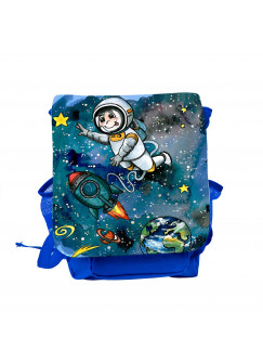 Kinderrucksack mit Astronaut Rakete Mond Sterne und Planeten im Weltraum kids backpack with astronaut space shuttle moon stars and planets in outer space kgn050