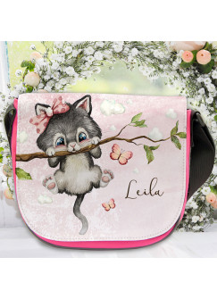 Kindergartentasche Katze Kätzchen auf Ast Schmetterlinge rosa Kindertasche Wunschname kgt56