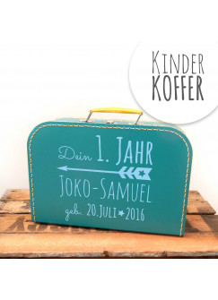 Kinderkoffer Koffer dein erstes Jahr mit Pfeil Wunschnamen und Geburtstag türkis children suitcase your first year with arrow desired name and date of birth turquoise kos1