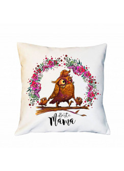 Kissen Muttertag mit Eulen Eulchen & Blumenkranz Dekokissen Zierkissen bedruckt mit Spruch Beste Mama Spruchkissen ks182