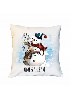 Kissen Hase mit Schneemann & Spruch Opa du bist unbezahlbar inklusive Füllung Dekokissen Zierkissen bedruckt Weihnachten ks242