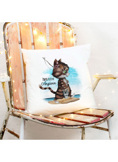 Kissen mit Kater Katze Kätzchen Angelkatze Angel Spruch Papas kleine Anglerin inklusive Füllung Dekokissen Zierkissen bedruckt ks284