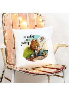 Kissen mit Kater Katze Kätzchen Angelkater Angel Spruch Keep calm and go fishing inkl Füllung Dekokissen Zierkissen ks286