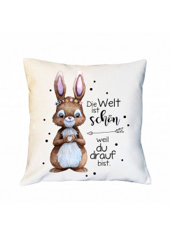 Kissen mit Spruch Die Welt ist schön weil du drauf bist & Hase Häschen Herz inkl Füllung Dekokissen Zierkissen Spruchkissen Motto Zitat bedruckt ks312