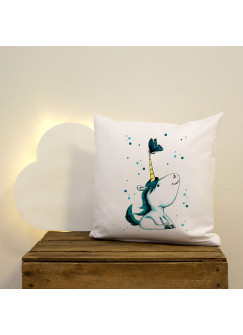 Kissen Dekokissen Dekorationskissen Kuschelkissen Couchkissen Polyesterkissen Einhorn mit Schmetterling und türkisen Punkten inklusive Füllung pillow throw pillow decor pillow decoration pillow cuddly cushion cuddle pillow couch pillow polyester pillow un