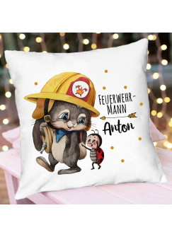Kissen Motiv mit Feuerwehr Hase Häschen Feuerwehrmann & Wunschnamen Name inkl Füllung Dekokissen Zierkissen ks336