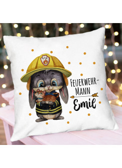 Kissen Motiv mit Feuerwehr Hase mit Kätzchen & Wunschnamen Name inkl Füllung Dekokissen Zierkissen ks337