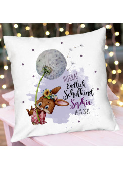 Kissen Einschulung Hasen Mädchen Pusteblume Spruch Hurra endlich Schulkind & Name Datum Spruchkissen inkl Füllung Dekokissen bedruckt ks342