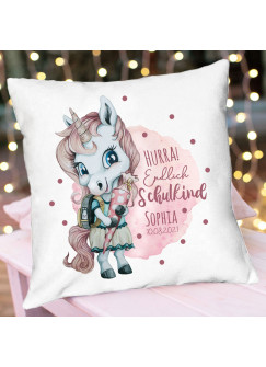 Kissen Einschulung Einhorn Mädchen rosa Schultüte Spruch Hurra endlich Schulkind & Name Datum Spruchkissen inkl Füllung Dekokissen bedruckt ks344