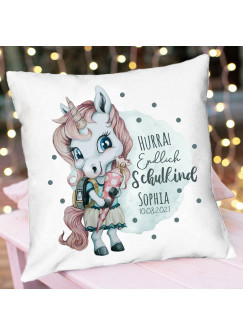 Kissen Einschulung Einhorn Mädchen blau Schultüte Spruch Hurra endlich Schulkind & Name Datum Spruchkissen inkl Füllung Dekokissen bedruckt ks345