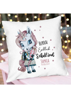 Kissen Einschulung Einhorn Mädchen rosa pink Schultüte Spruch Hurra endlich Schulkind & Name Datum Spruchkissen inkl Füllung Dekokissen bedruckt ks346