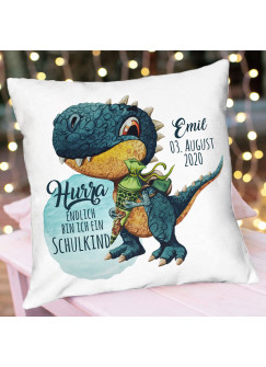 Kissen Einschulung Dino T-Rex Schultüte Spruch Hurra endlich Schulkind & Name Datum Spruchkissen inkl Füllung Dekokissen bedruckt ks348